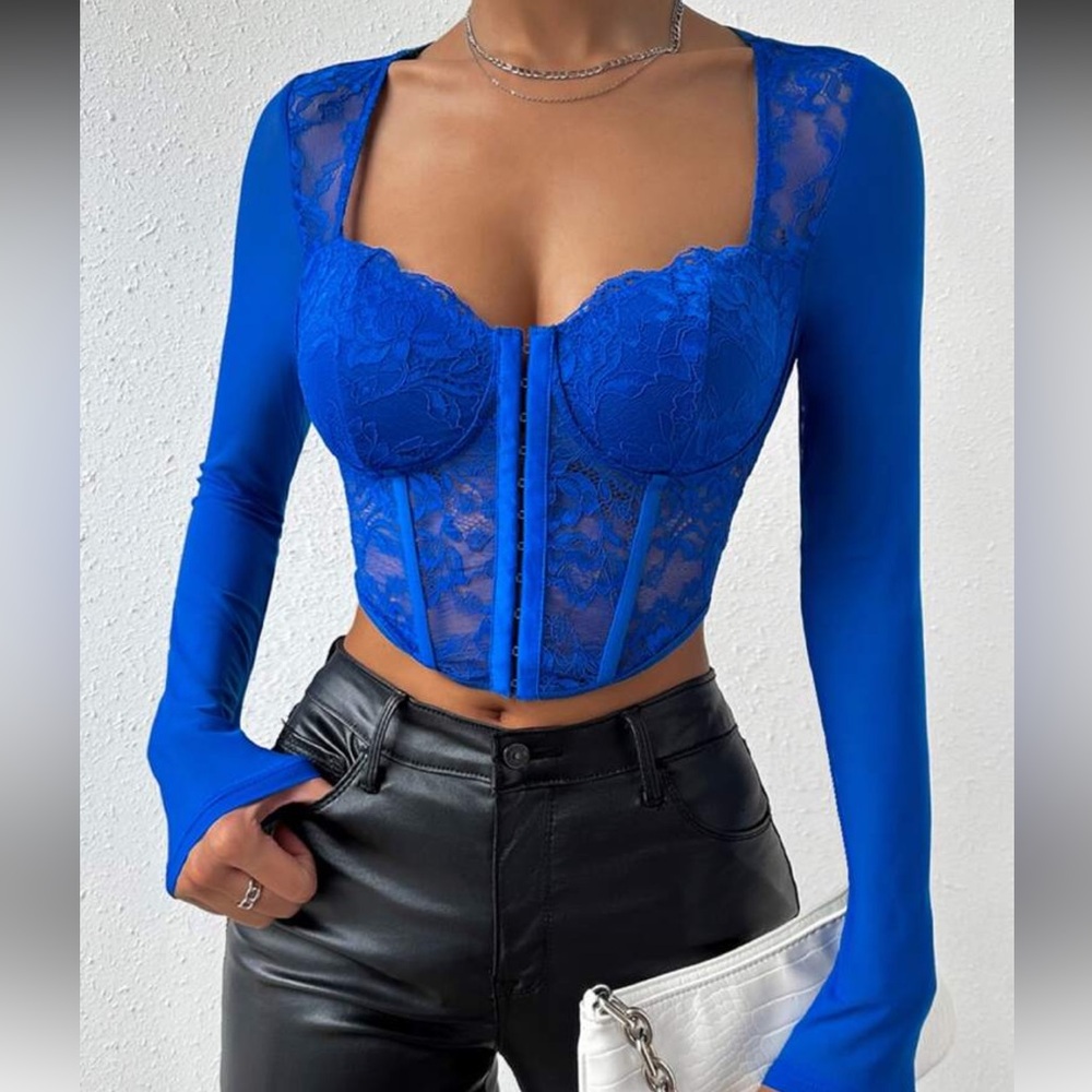 SHEIN Blue Lace/Mesh Long Sleeve Size Medium